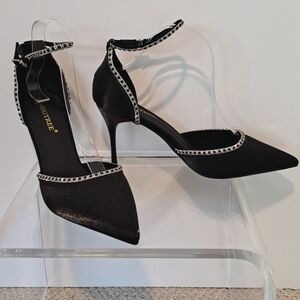 NEW Fabric And Rhinestone Ankle Strap High Heels (Black) - BIGTREE